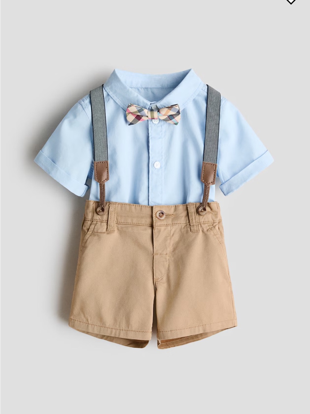 H&M Light Blue Shirt with Tan Shorts and Plaid Bow Tie Matching Set